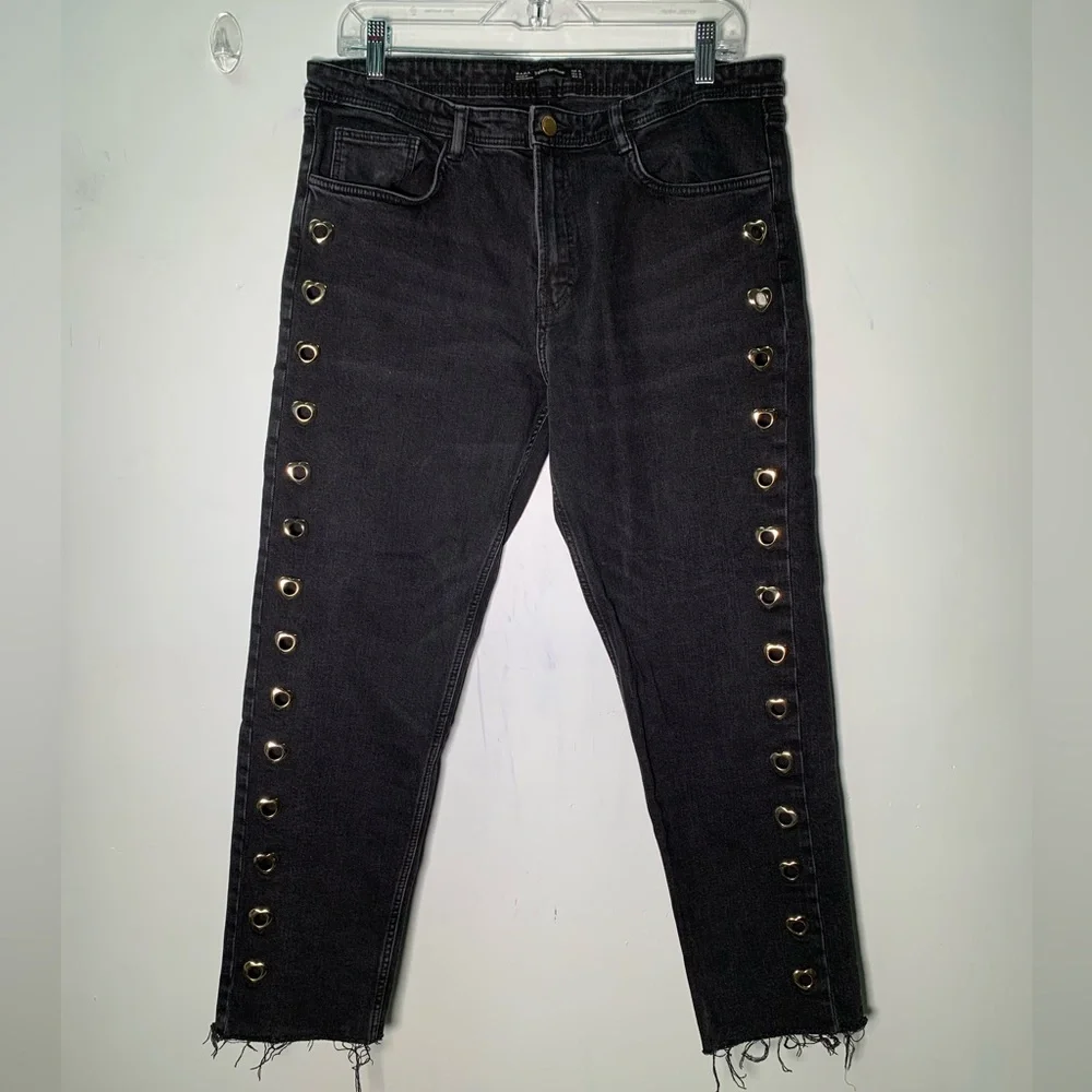 ZARA K BLACK JEANS WITH HEARTS ON THE SIZE SIZE 10 raw hem skinny - Picture 2 of 14